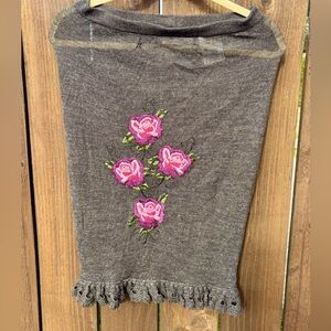 Odd Molly, Gray Merino Wool Skirt with Pink Rose Embroidery and crochet ruffles.